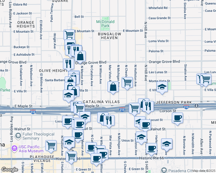 map of restaurants, bars, coffee shops, grocery stores, and more near 516 Mar Vista Avenue in Pasadena