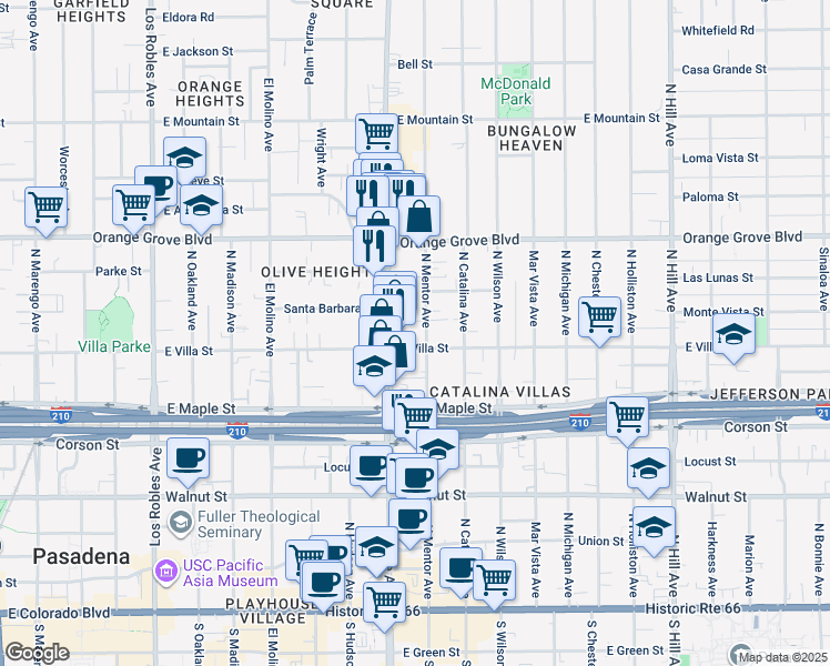 map of restaurants, bars, coffee shops, grocery stores, and more near 532 North Mentor Avenue in Pasadena