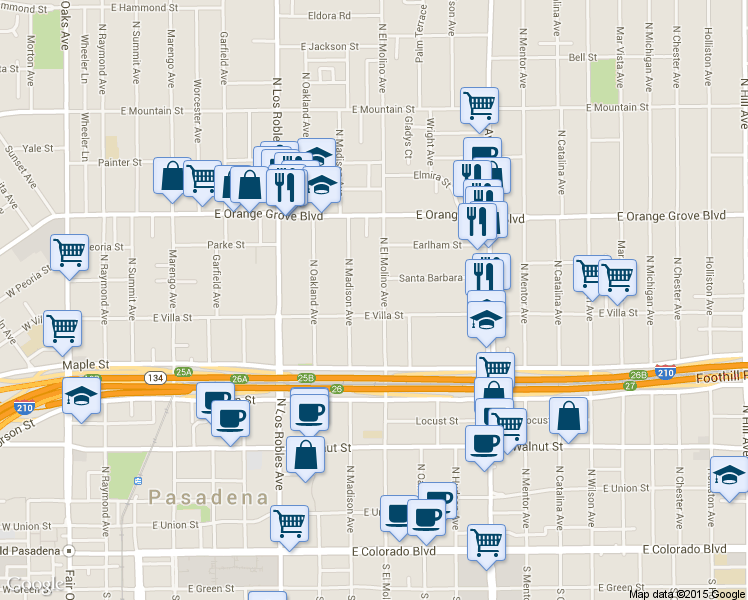 map of restaurants, bars, coffee shops, grocery stores, and more near 532 North El Molino Avenue in Pasadena