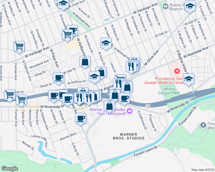 map of restaurants, bars, coffee shops, grocery stores, and more near 210 North Cordova Street in Burbank