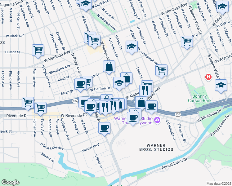 map of restaurants, bars, coffee shops, grocery stores, and more near 227 North Hollywood Way in Burbank