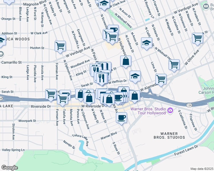 map of restaurants, bars, coffee shops, grocery stores, and more near 310 North Pass Avenue in Burbank