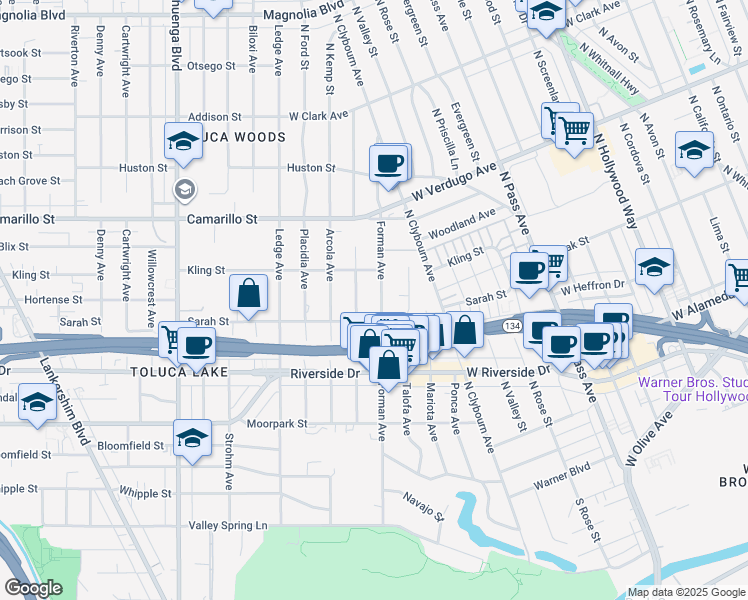 map of restaurants, bars, coffee shops, grocery stores, and more near 4639 Forman Avenue in Los Angeles