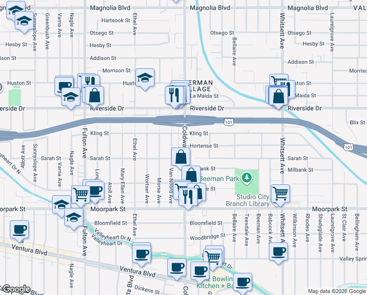 map of restaurants, bars, coffee shops, grocery stores, and more near 4632 Van Noord Avenue in Los Angeles