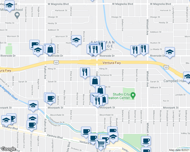 map of restaurants, bars, coffee shops, grocery stores, and more near 4632 Van Noord Avenue in Los Angeles