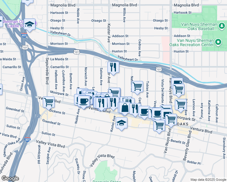 map of restaurants, bars, coffee shops, grocery stores, and more near 4650 Kester Avenue in Los Angeles