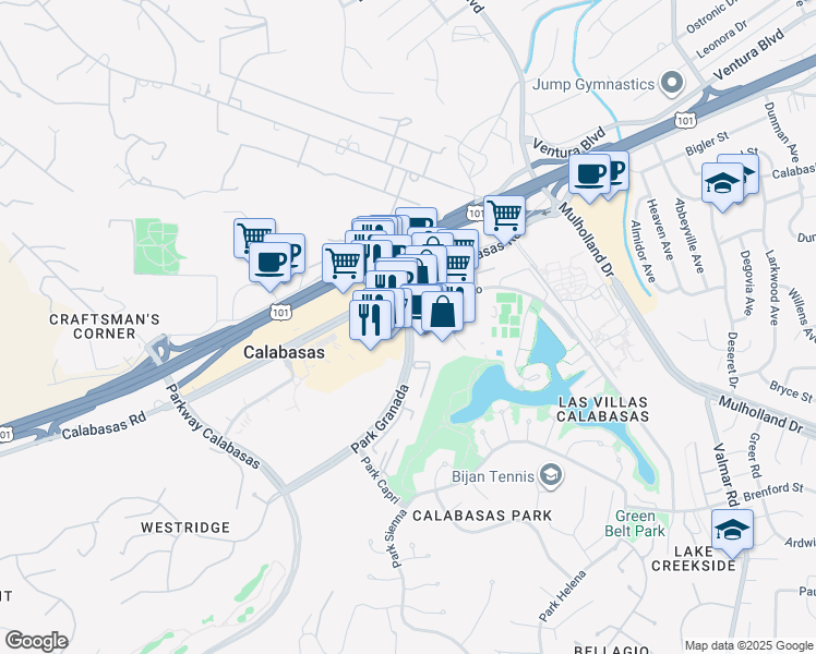 map of restaurants, bars, coffee shops, grocery stores, and more near 4774 Park Granada in Calabasas