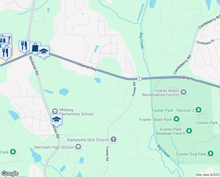 map of restaurants, bars, coffee shops, grocery stores, and more near 4435 Atlanta Highway in Alpharetta