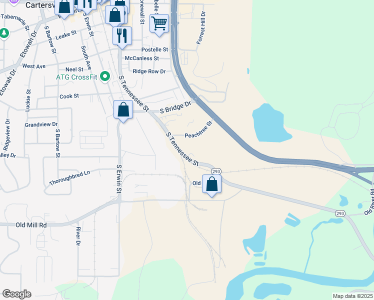 map of restaurants, bars, coffee shops, grocery stores, and more near 622 South Tennessee Street in Cartersville