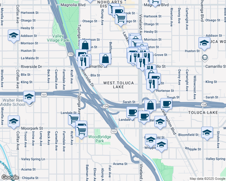 map of restaurants, bars, coffee shops, grocery stores, and more near 11155 Hortense Street in Los Angeles