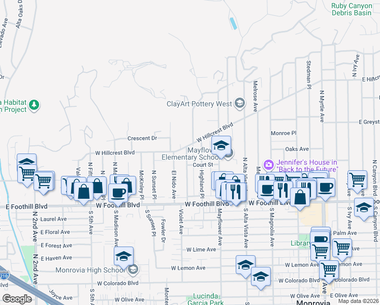 map of restaurants, bars, coffee shops, grocery stores, and more near 226 Mauna Loa Drive in Monrovia