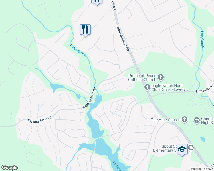 map of restaurants, bars, coffee shops, grocery stores, and more near 6527 Crosscreek Lane in Flowery Branch