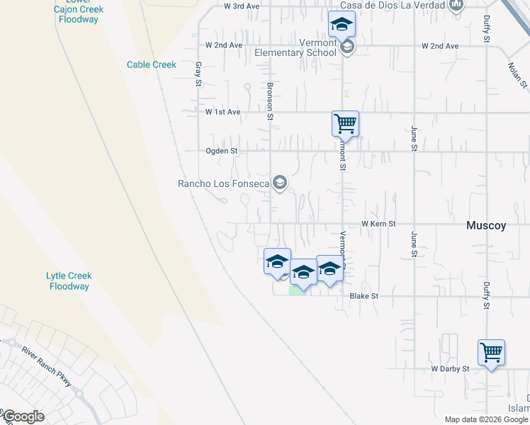 map of restaurants, bars, coffee shops, grocery stores, and more near 3230 Bronson Street in Muscoy