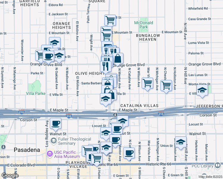 map of restaurants, bars, coffee shops, grocery stores, and more near 519 North Lake Avenue in Pasadena