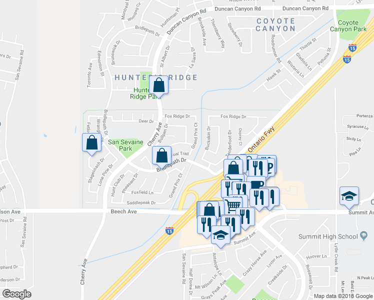 map of restaurants, bars, coffee shops, grocery stores, and more near 14918 New Foal Trail in Fontana