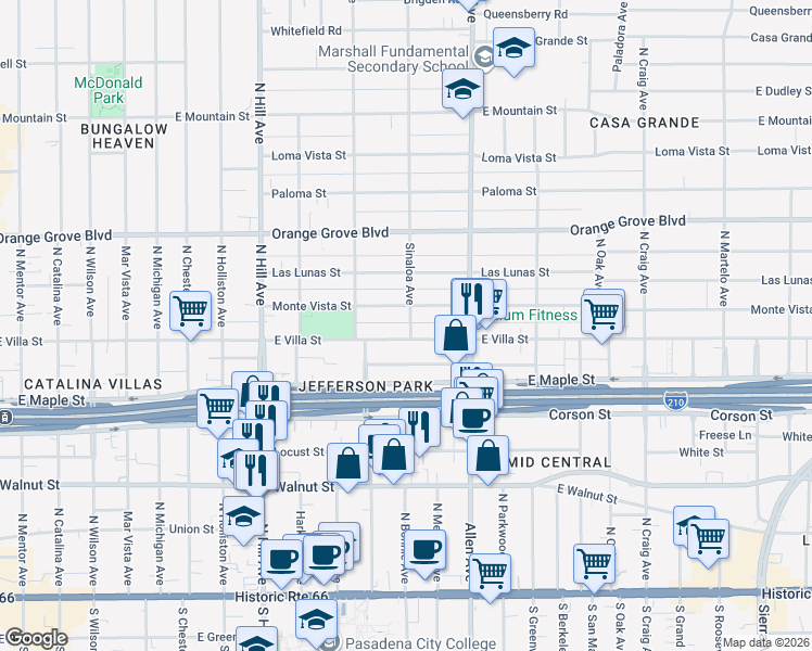 map of restaurants, bars, coffee shops, grocery stores, and more near 507 Sinaloa Avenue in Pasadena