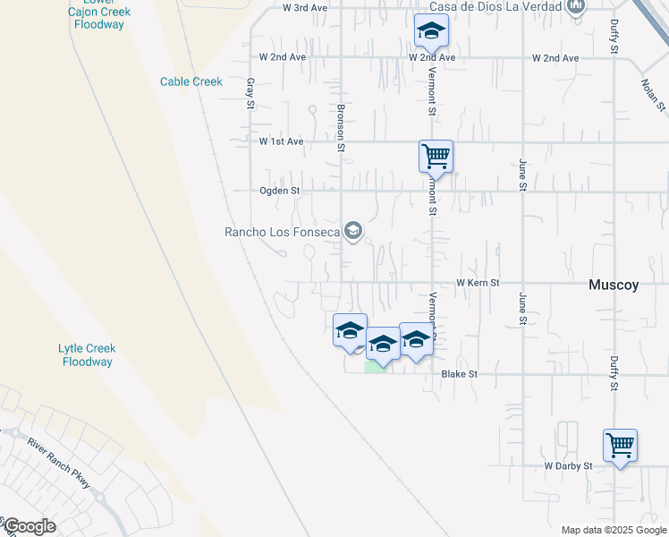 map of restaurants, bars, coffee shops, grocery stores, and more near 3230 Bronson Street in Muscoy