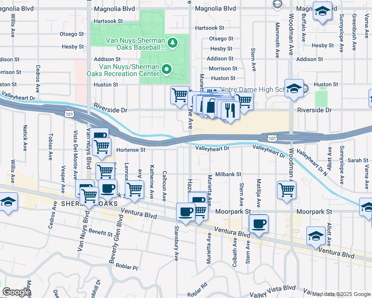 map of restaurants, bars, coffee shops, grocery stores, and more near 4565 Hazeltine Avenue in Los Angeles