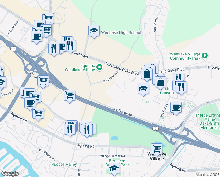 map of restaurants, bars, coffee shops, grocery stores, and more near 120 Via Merida in Thousand Oaks