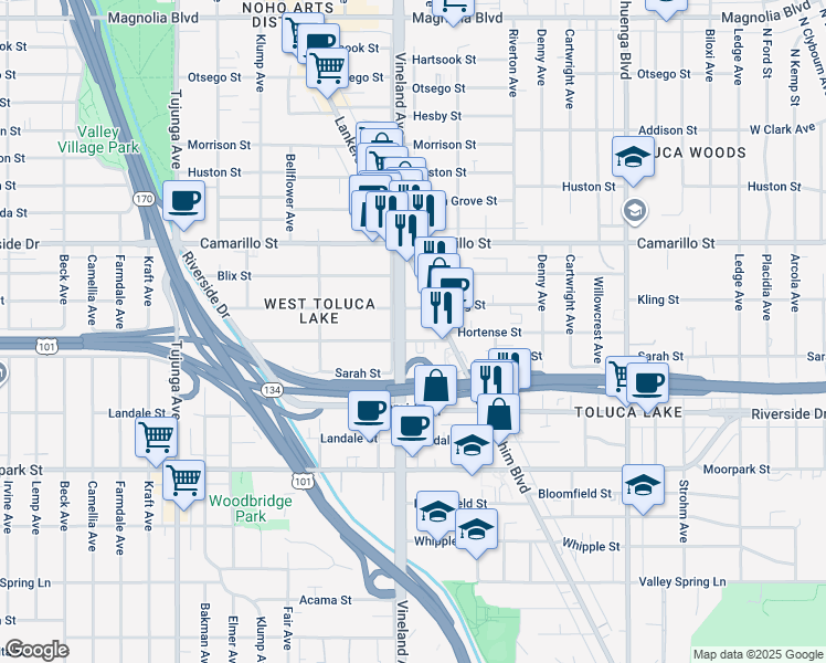map of restaurants, bars, coffee shops, grocery stores, and more near 10945 Hortense Street in Los Angeles