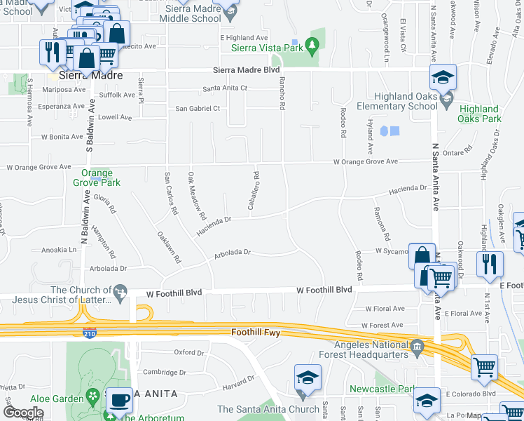 map of restaurants, bars, coffee shops, grocery stores, and more near 265 Hacienda Drive in Arcadia