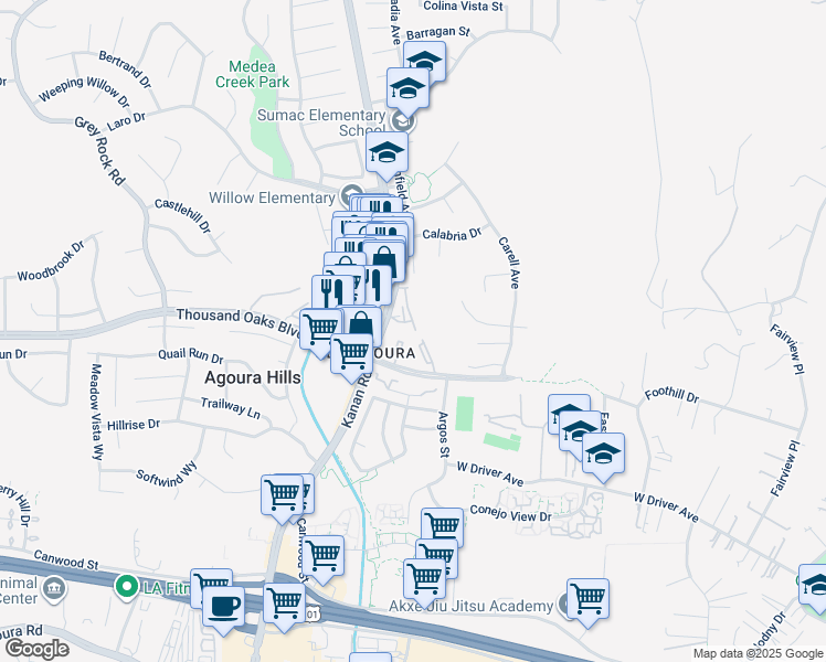 map of restaurants, bars, coffee shops, grocery stores, and more near in Agoura Hills