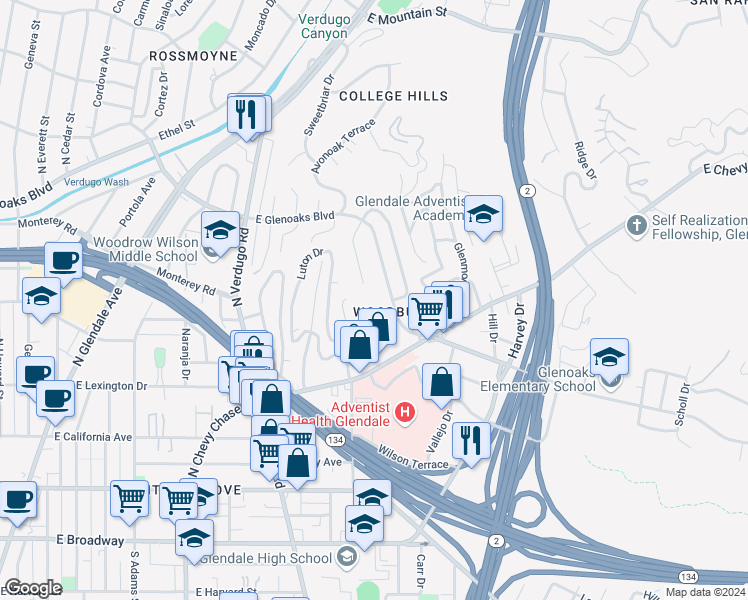 map of restaurants, bars, coffee shops, grocery stores, and more near 533 Leeridge Terrace in Glendale
