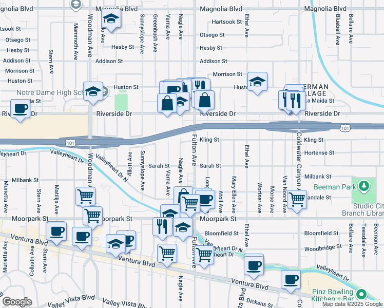 map of restaurants, bars, coffee shops, grocery stores, and more near 4634 Fulton Avenue in Los Angeles