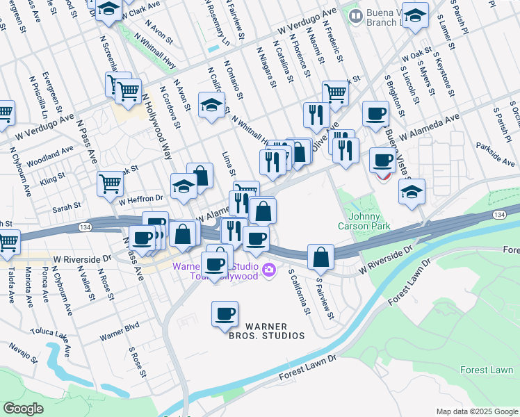 map of restaurants, bars, coffee shops, grocery stores, and more near 3301 West Olive Avenue in Burbank