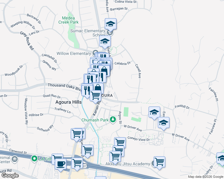 map of restaurants, bars, coffee shops, grocery stores, and more near 5800 Kanan Road in Agoura Hills