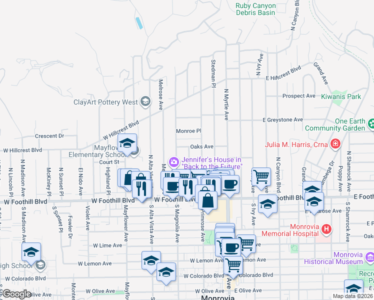 map of restaurants, bars, coffee shops, grocery stores, and more near 228 Oaks Avenue in Monrovia