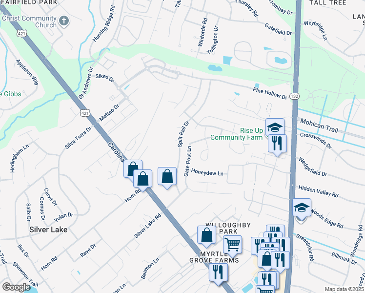 map of restaurants, bars, coffee shops, grocery stores, and more near 4813 Split Rail Drive in Wilmington