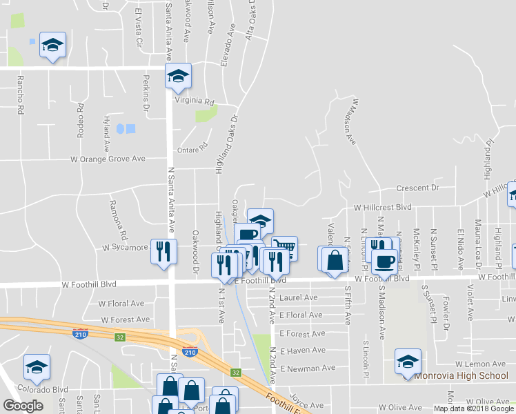 map of restaurants, bars, coffee shops, grocery stores, and more near 1249 Oakhaven Road in Arcadia