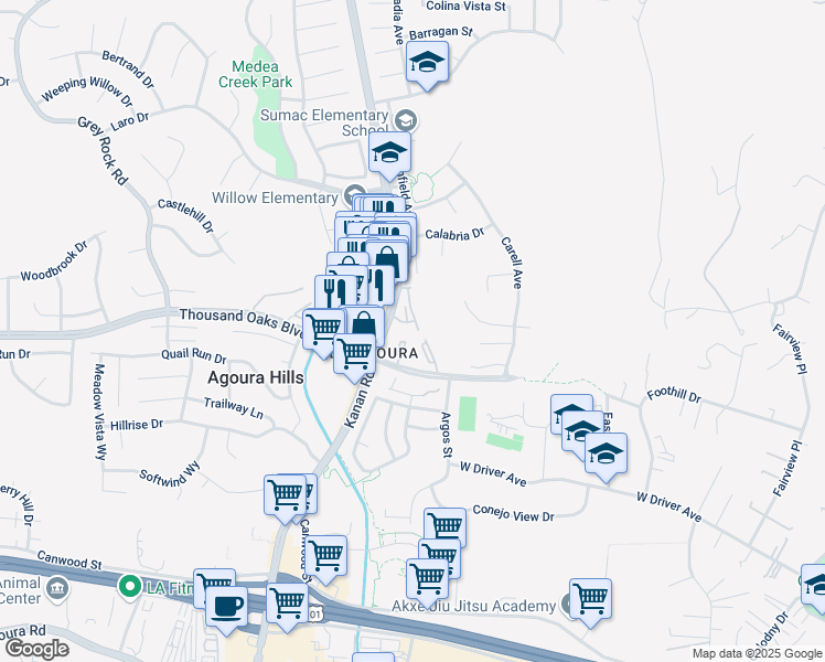 map of restaurants, bars, coffee shops, grocery stores, and more near 5800 Kanan Road in Agoura Hills