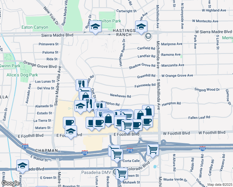 map of restaurants, bars, coffee shops, grocery stores, and more near 3675 New Haven Road in Pasadena