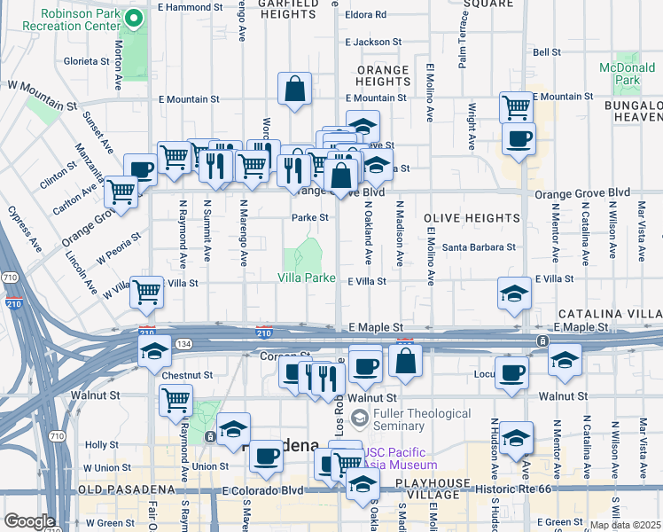 map of restaurants, bars, coffee shops, grocery stores, and more near 519 North Los Robles Avenue in Pasadena