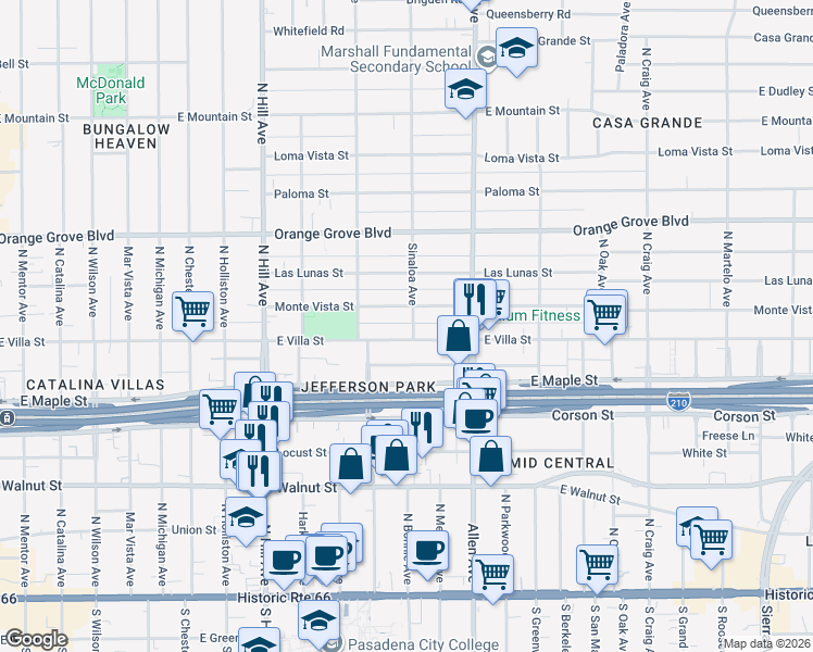 map of restaurants, bars, coffee shops, grocery stores, and more near 507 Sinaloa Avenue in Pasadena