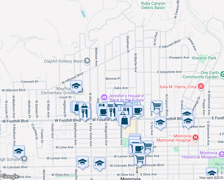 map of restaurants, bars, coffee shops, grocery stores, and more near 228 Oaks Avenue in Monrovia