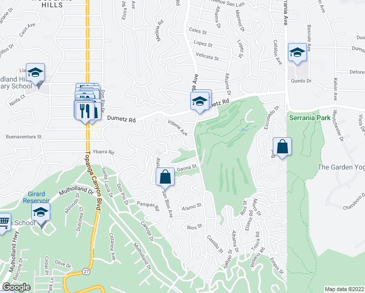 map of restaurants, bars, coffee shops, grocery stores, and more near 21434 Salamanca Avenue in Los Angeles