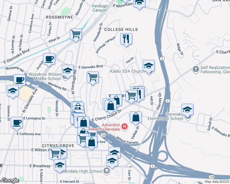 map of restaurants, bars, coffee shops, grocery stores, and more near 533 Leeridge Terrace in Glendale