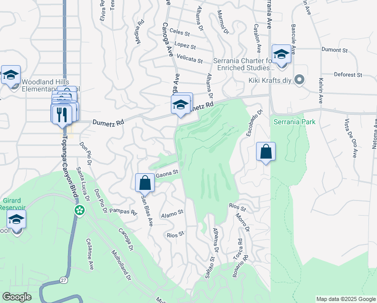 map of restaurants, bars, coffee shops, grocery stores, and more near 4744 Canoga Avenue in Los Angeles