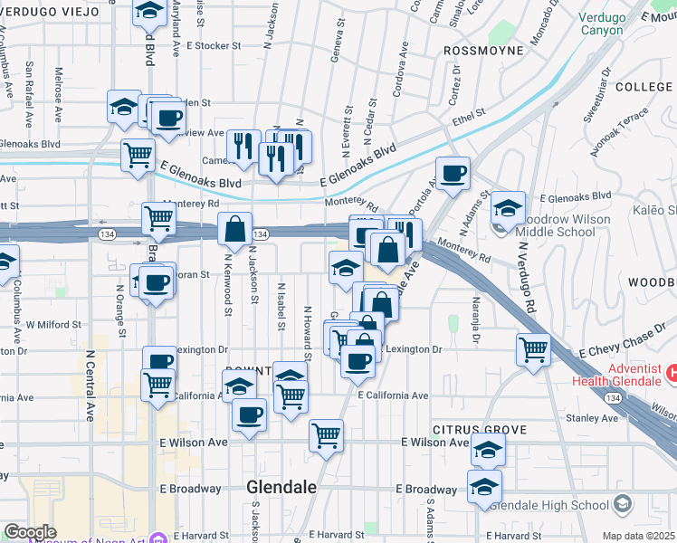 map of restaurants, bars, coffee shops, grocery stores, and more near 741 East Doran Street in Glendale