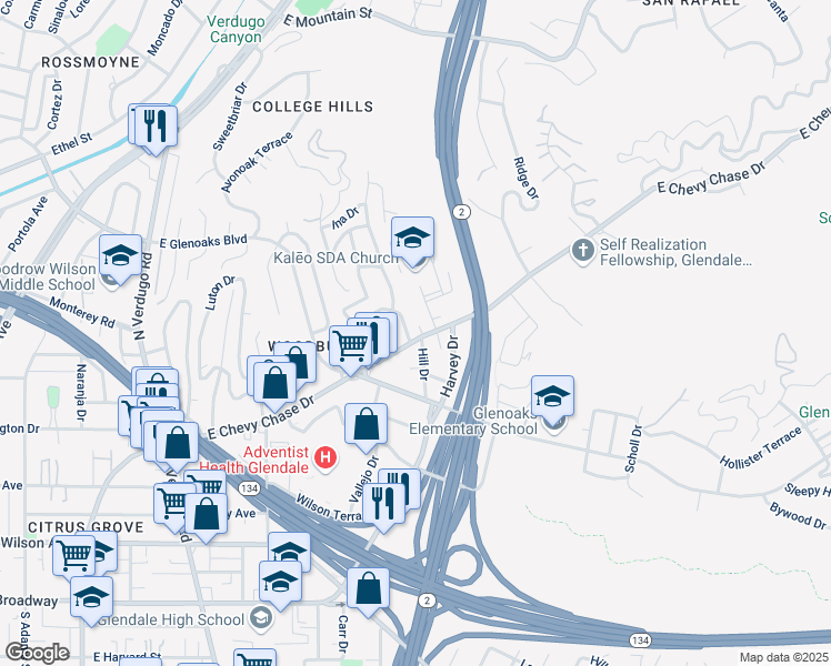 map of restaurants, bars, coffee shops, grocery stores, and more near 1815 East Chevy Chase Drive in Glendale