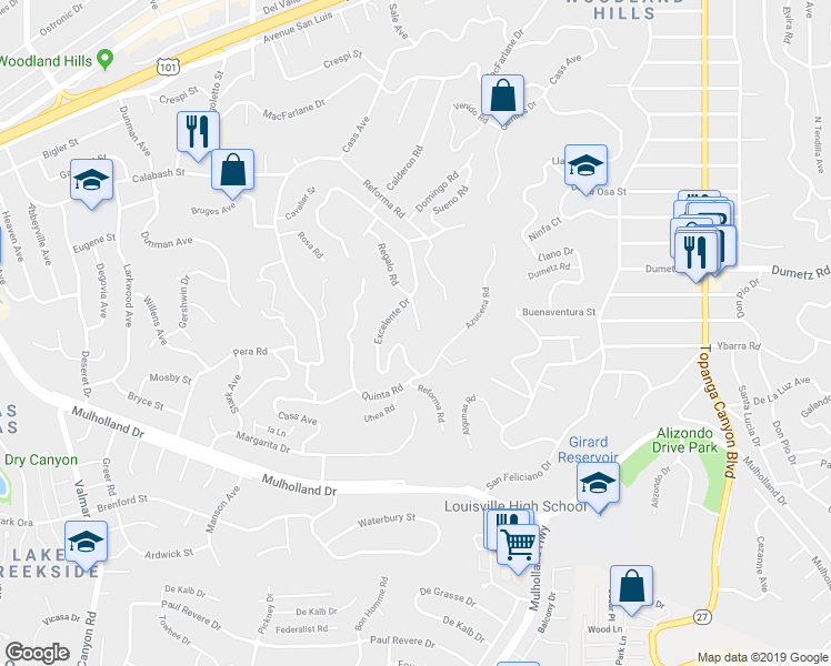 map of restaurants, bars, coffee shops, grocery stores, and more near 4775 Regalo Road in Los Angeles