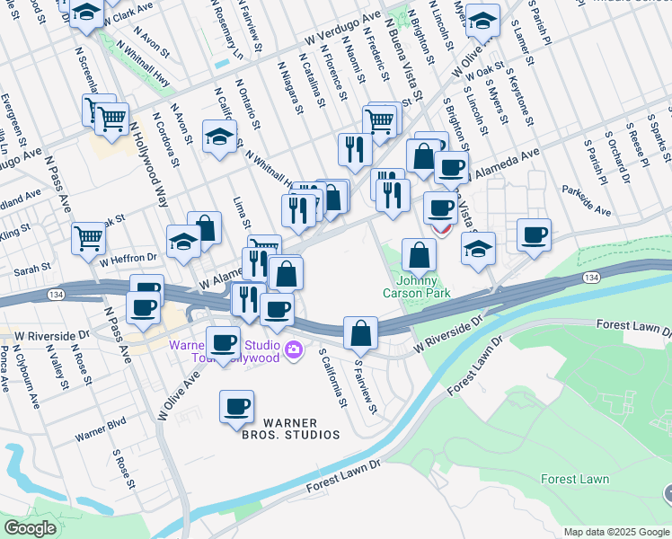 map of restaurants, bars, coffee shops, grocery stores, and more near in Burbank