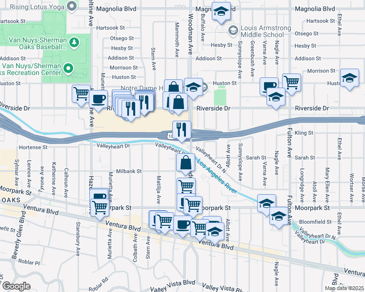 map of restaurants, bars, coffee shops, grocery stores, and more near 4625 Woodman Avenue in Los Angeles