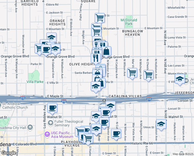 map of restaurants, bars, coffee shops, grocery stores, and more near 519 North Lake Avenue in Pasadena