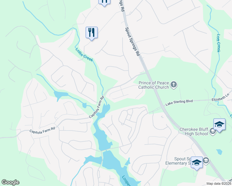 map of restaurants, bars, coffee shops, grocery stores, and more near 6523 Crosscreek Lane in Flowery Branch