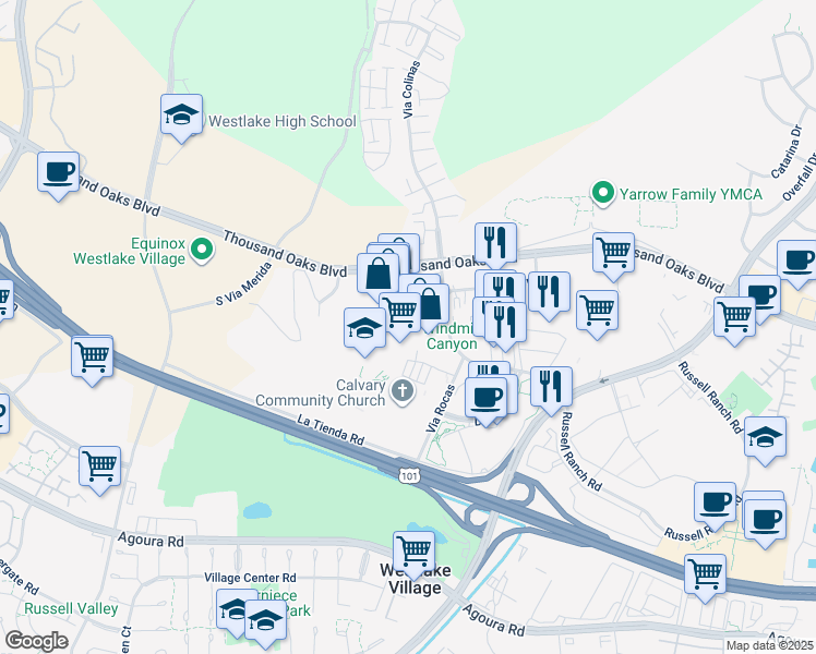 map of restaurants, bars, coffee shops, grocery stores, and more near 31352 Via Colinas in Westlake Village