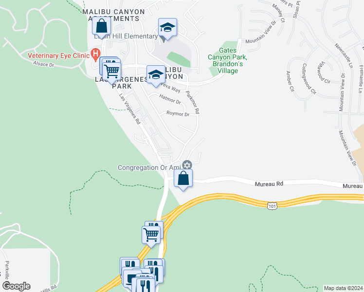 map of restaurants, bars, coffee shops, grocery stores, and more near 5405 Ruthwood Drive in Calabasas
